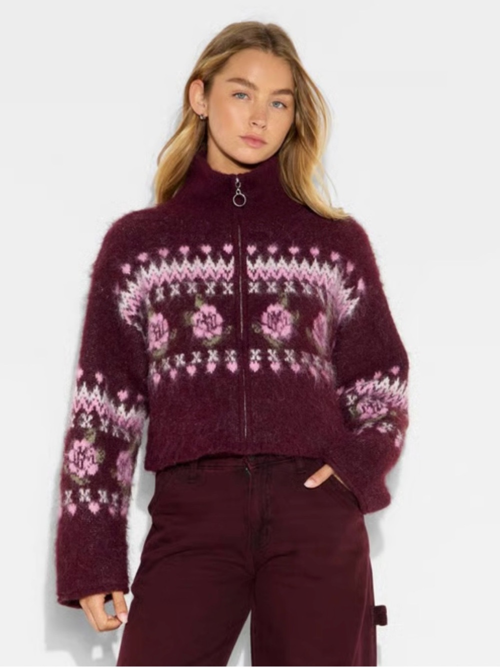 Wild -Fable Women's Floral Fair Isle Zip-Up Jacket - Plum